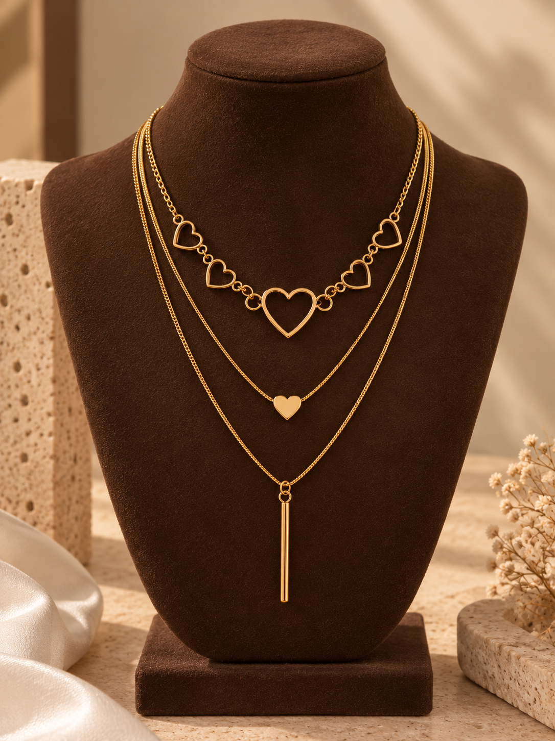 Sweetheart Trinity Heardrop 3-Layered Necklace