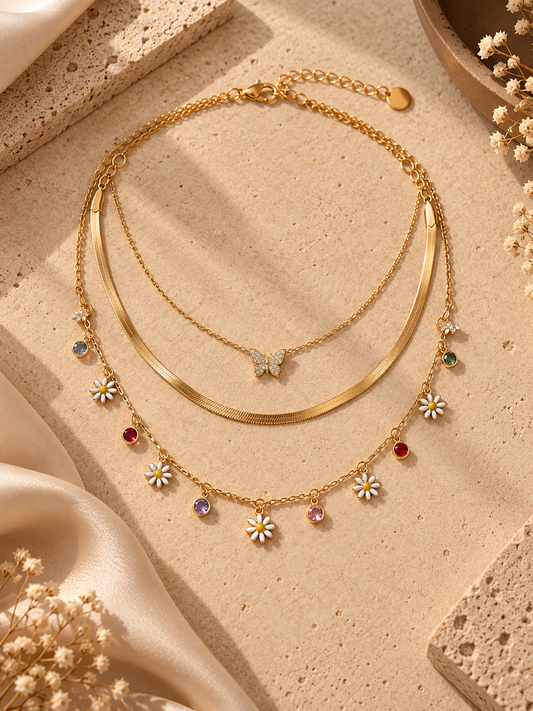 Mariposa-n-Daisy 3-Layered Charm Necklace