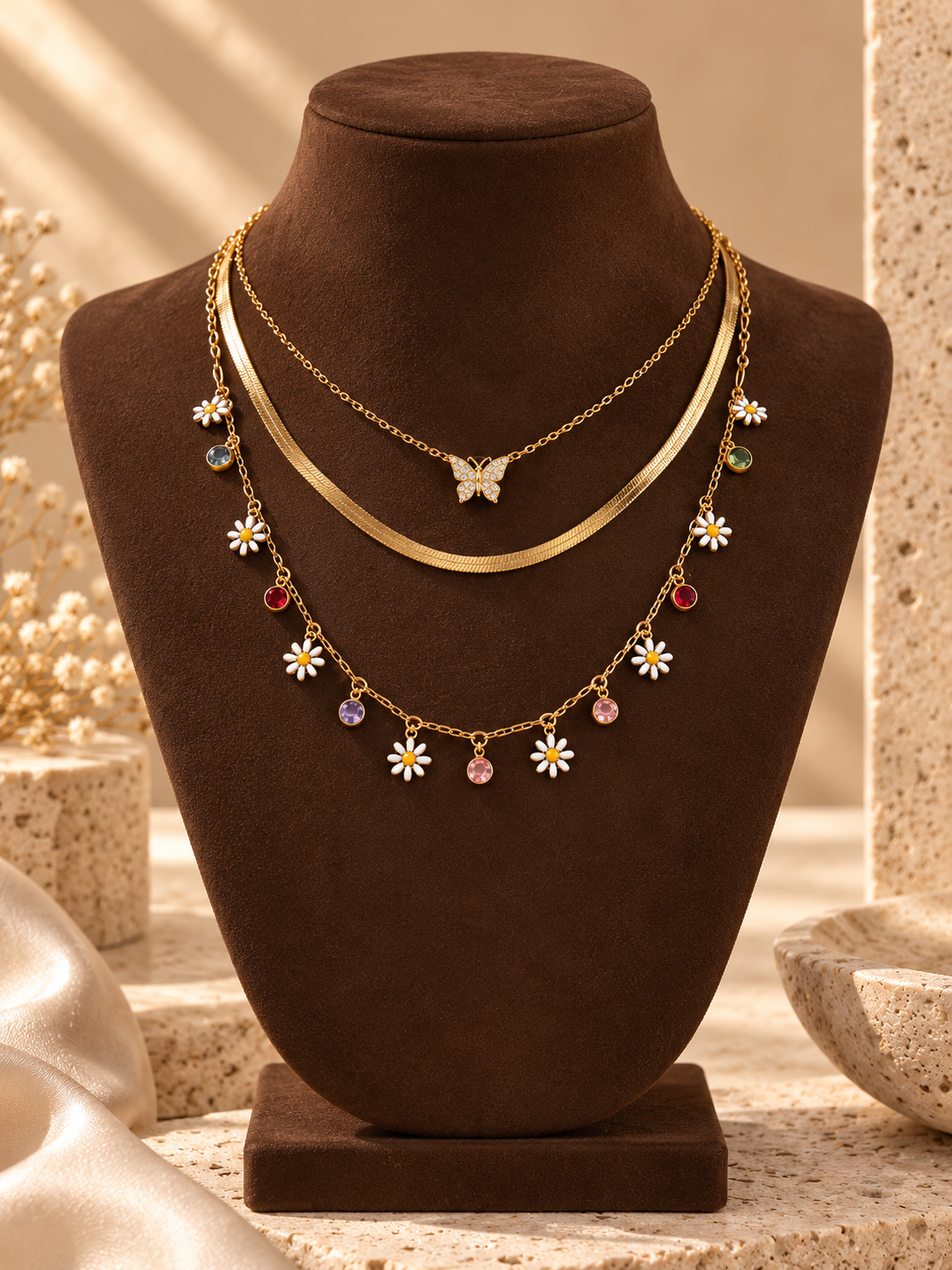 Mariposa-n-Daisy 3-Layered Charm Necklace