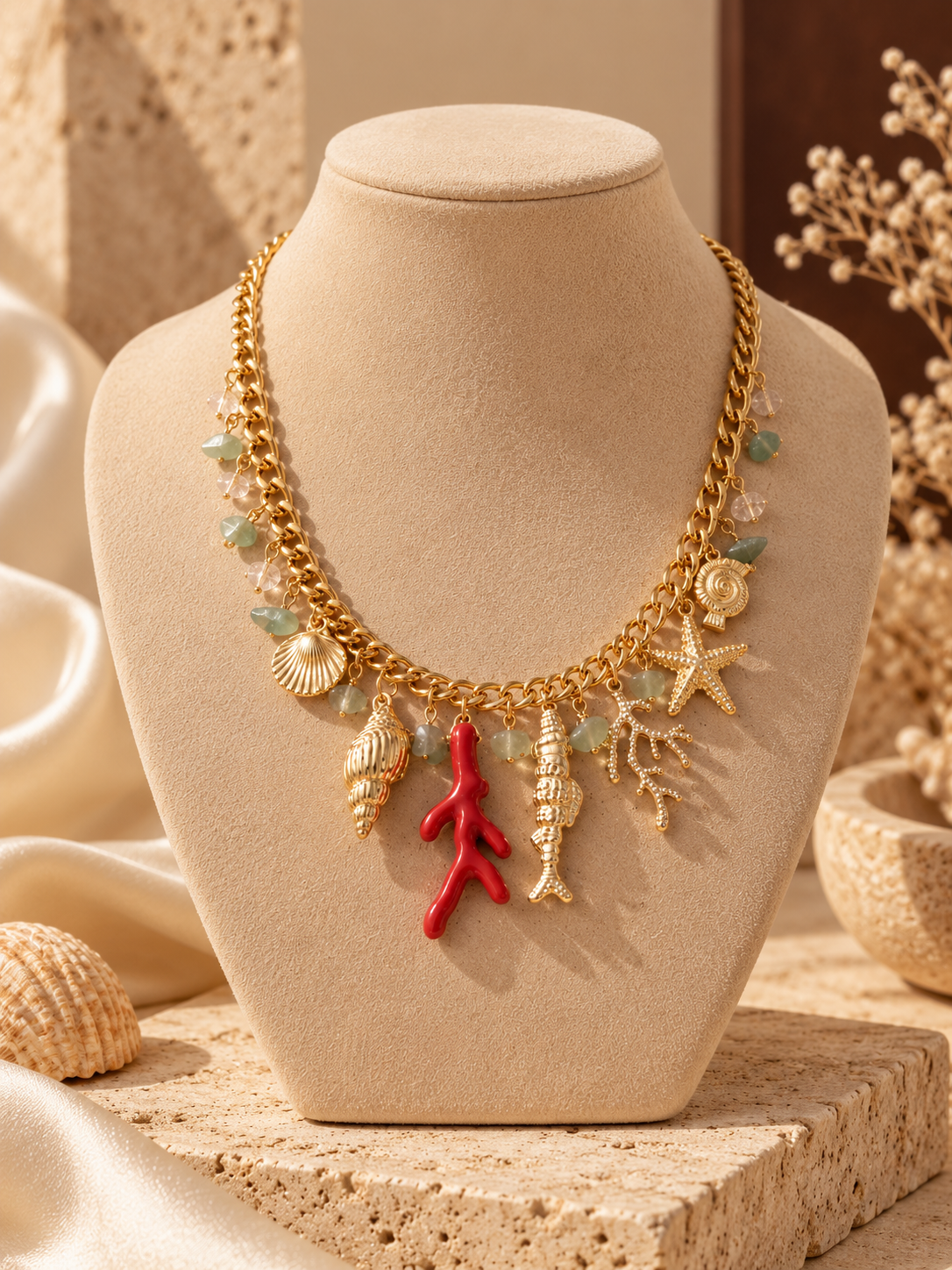 Red Coral Coastline Charm Necklace
