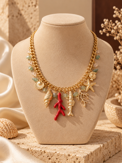 Red Coral Coastline Charm Necklace